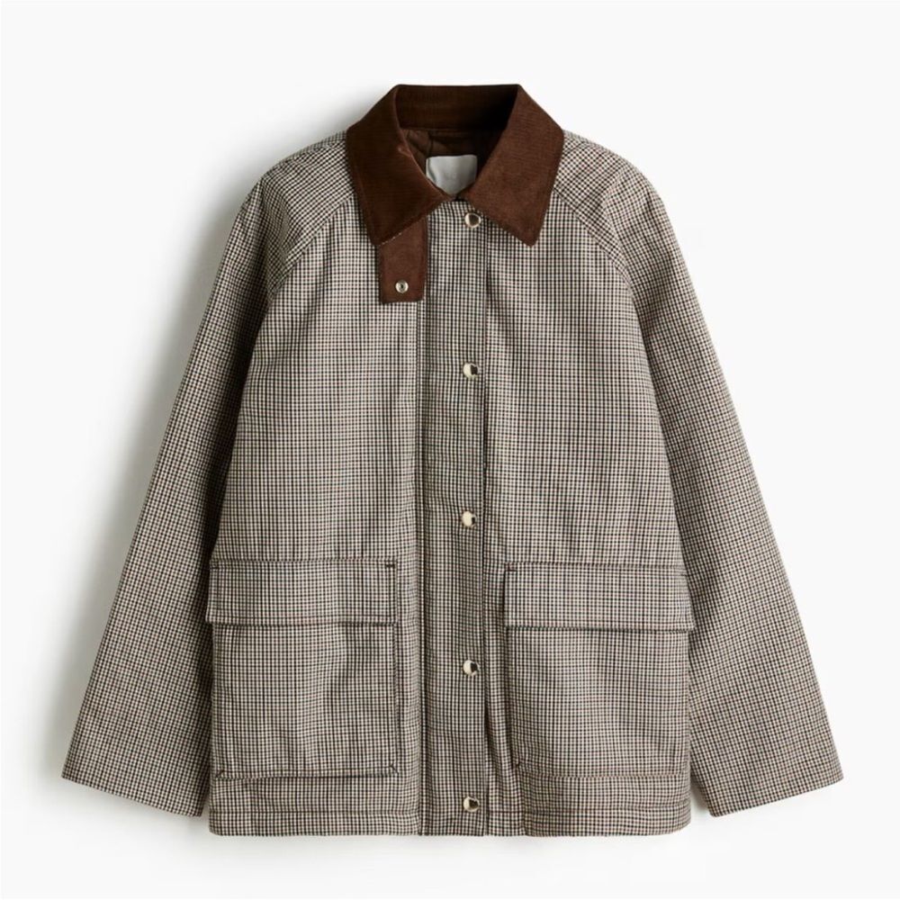 H&M Checkered/ Plain Jacket With Corduroy Collar Brown/ Navy print NWT